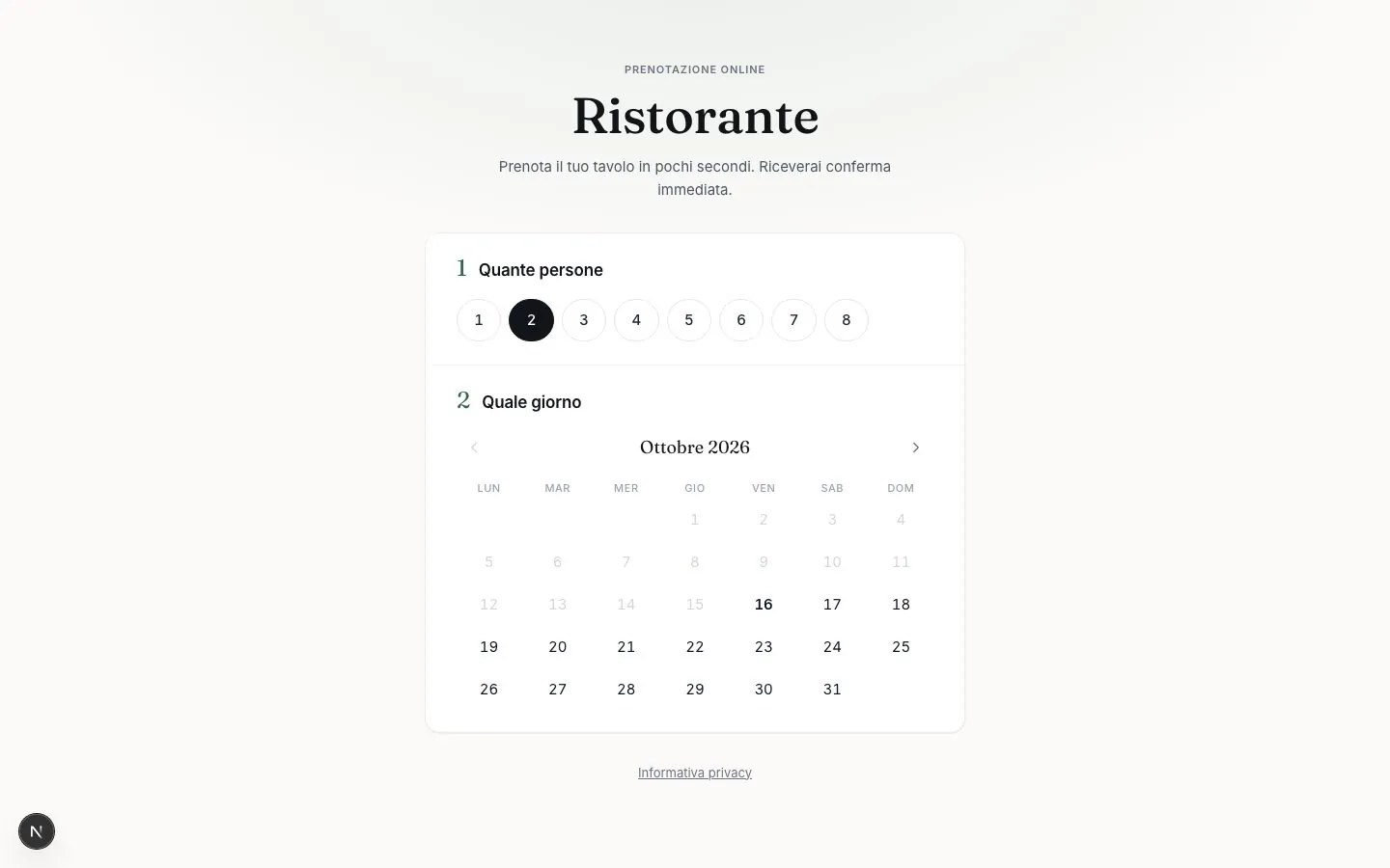 Pagina di prenotazione online del gestionale per ristorante
